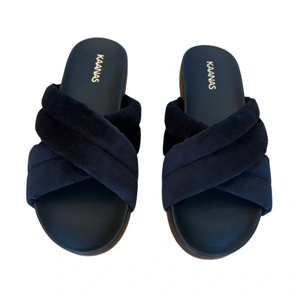 Kaanas Sintra NEW Black Fuzzy Slide Wedge Sandals Plush NEW luxe high quality - Picture 2 of 15
